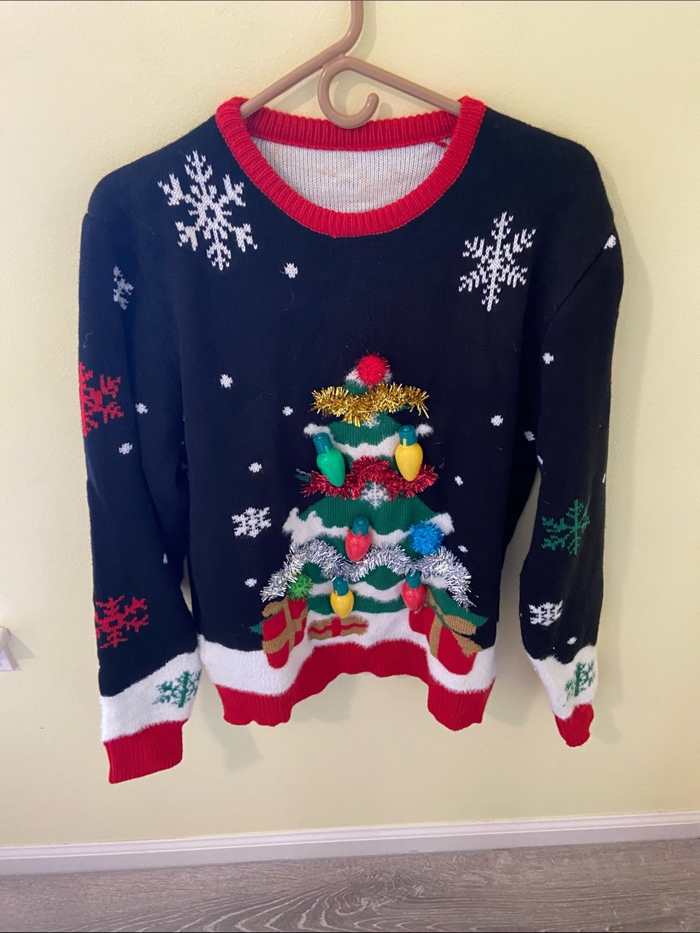 Women’s Black Holiday Crewneck Sweater with Red Trim and Christmas Tree Motif